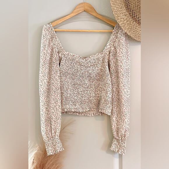 Keen The Label Smocked Peasant Blouse Puff Sleeve Crop Top Long Sleeve L - Picture 2 of 5